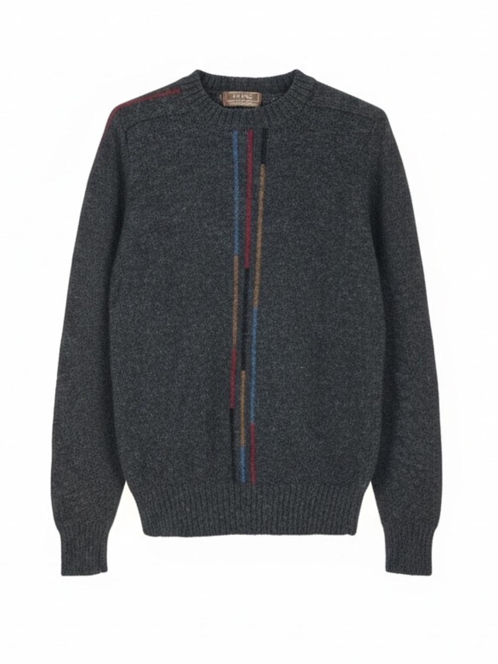 Men's Vintage Dark Gray Crewneck Sweater with Multicolor Stripe Detail - THANE